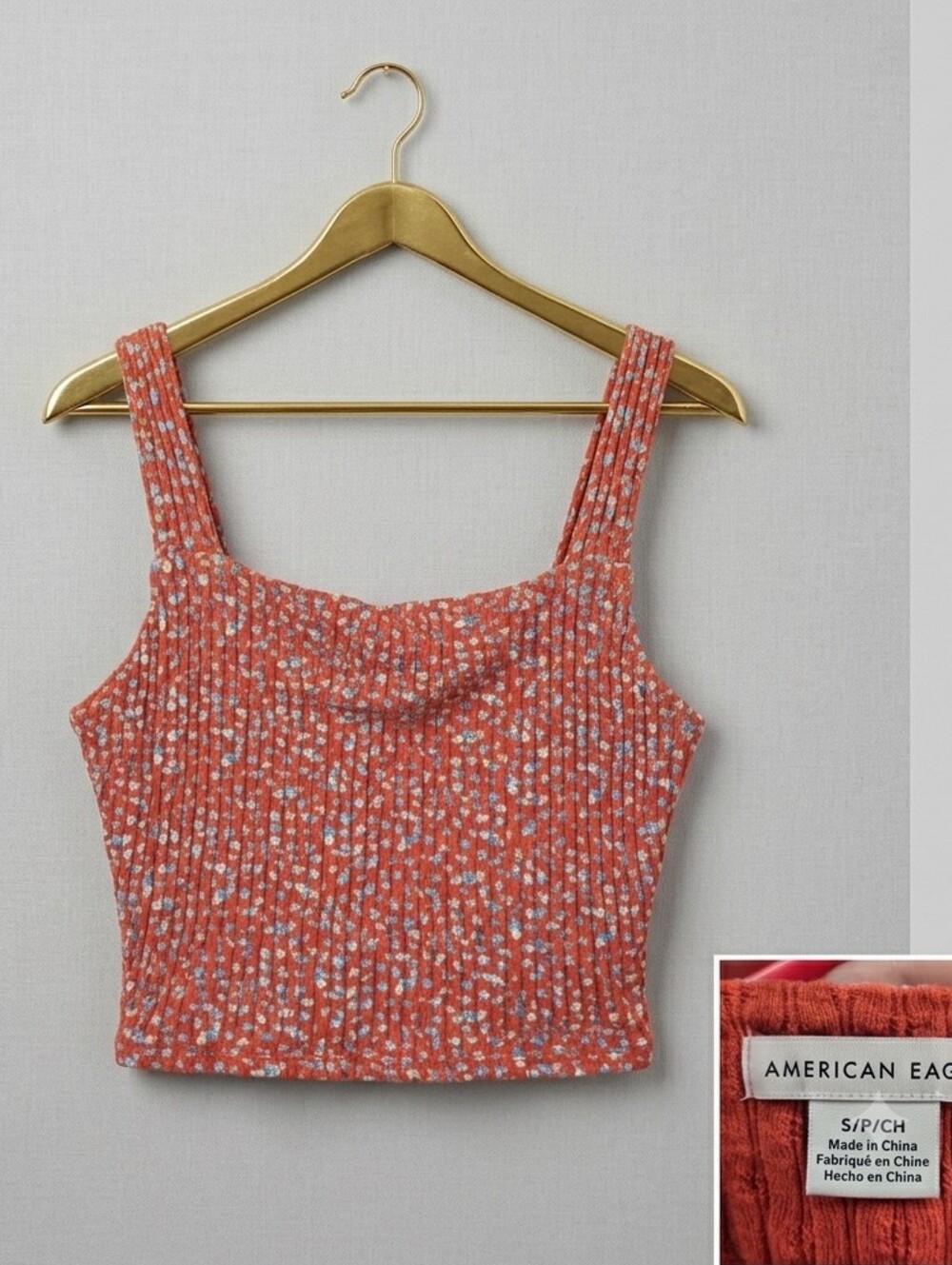 American Eagle Outfitters Coral Floral Ribbed Crop Top